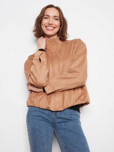 Chic faux suede bomber jacket in latte with practical welt pockets by Charlie B.