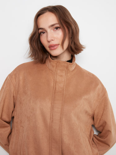 Stylish latte faux suede bomber jacket complete with a convenient zipper closure by Charlie B.