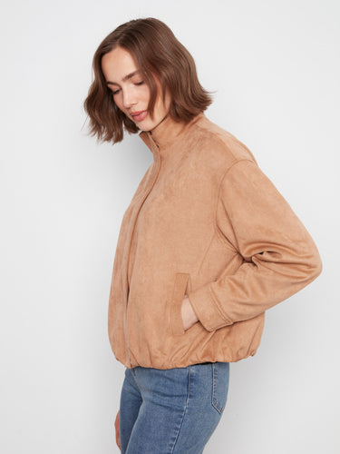 Elegant faux suede jacket in latte, showcasing a sophisticated stand collar by Charlie B.