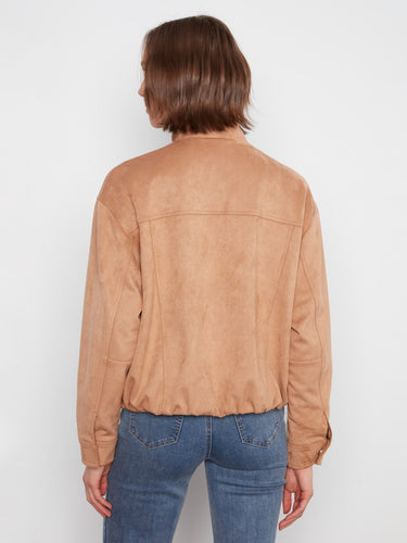 Trendy latte-colored faux suede bomber with sleek satin lining and zipper closure by Charlie B.