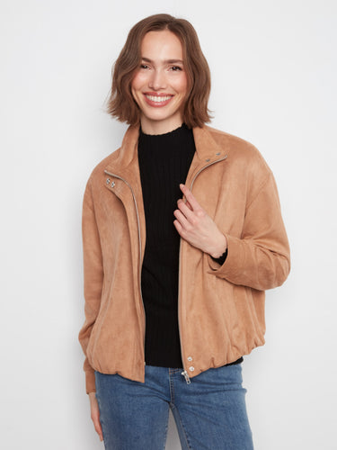 Fashionable coffee-toned faux suede bomber, highlighted by its relaxed fit and stylish design by Charlie B.