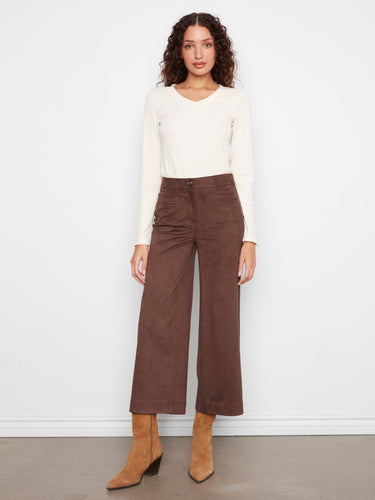 Coffee-colored pants in stretch faux suede with a regular rise, featuring wide legs and patch pockets by Charlie B.