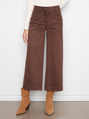 Cropped coffee-colored pants designed with wide legs and stretchy faux suede for a chic look by Charlie B.