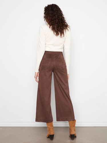 Wide-leg coffee-colored pants in luxurious stretch faux suede, offering a flattering cropped fit by Charlie B.