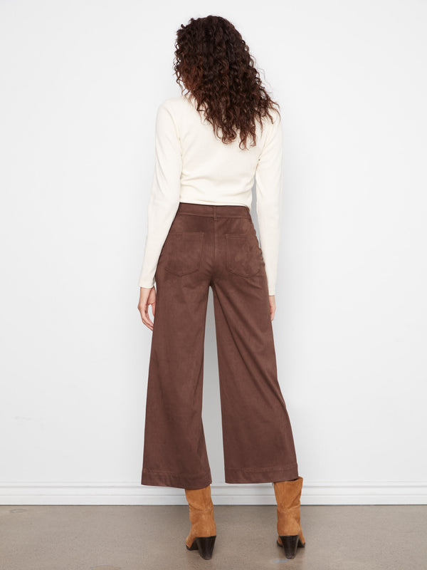 Faux Suede Cropped Wide Leg Pants - Coffee