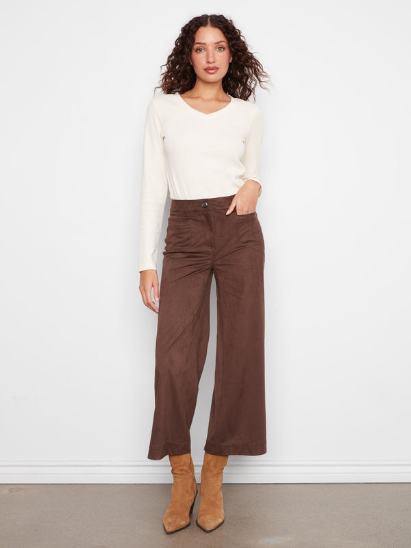 Faux Suede Cropped Wide Leg Pants - Coffee