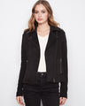 Black faux suede moto jacket with rib knit sleeves and notched lapel collar, featuring zip closure and zipper pockets by Charlie B.