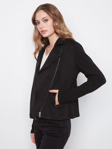 Moto jacket in black faux suede with notched lapel collar, showcasing zipper pockets and rib knit sleeves for added style by Charlie B.