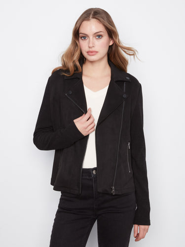 Chic black faux suede moto jacket with tailored notched lapel collar, accented by rib knit sleeves and practical zipper pockets by Charlie B.