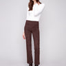 Mocha-colored pants with a straight fit and comfortable elastic waistband, crafted in stretch faux suede by Charlie B.