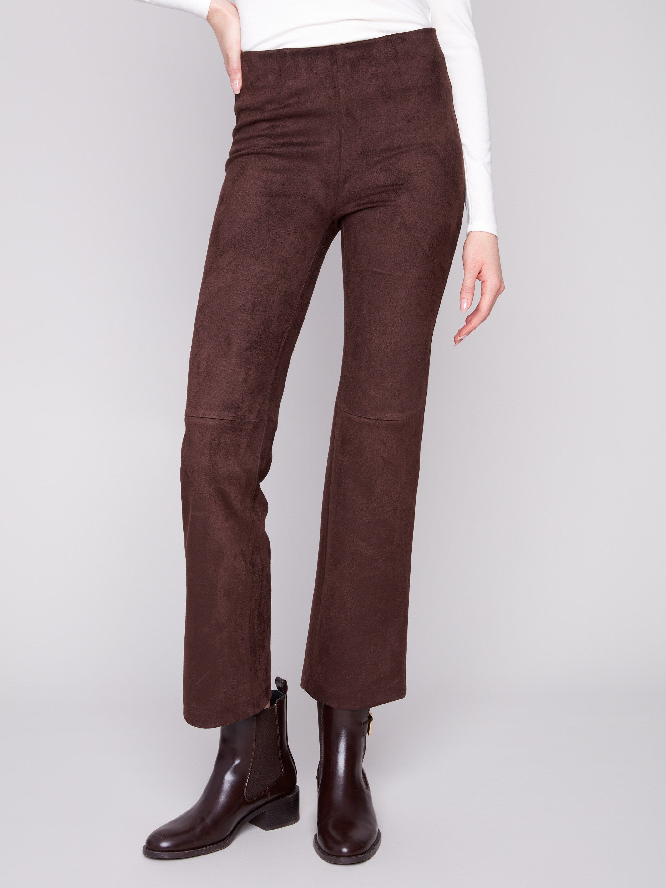 These mocha pants feature long length and seamless pull-on style, made from soft stretch suede material by Charlie B.