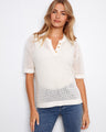 Stylish white crochet top with a chic notch neckline and placket detail, perfect for casual outings by Charlie B.