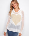 White fishnet hoodie sweater featuring a gold lurex heart design, ideal for layering. By Charlie B.