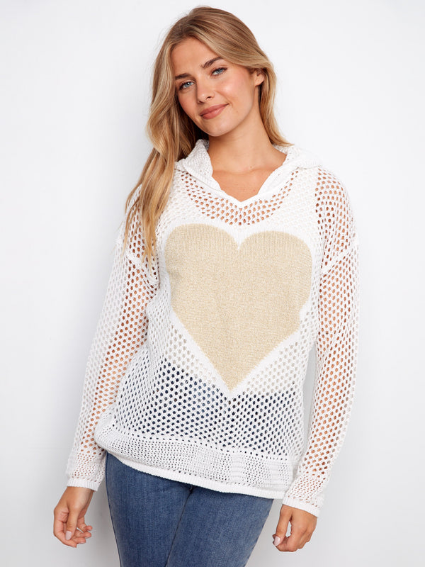 White fishnet hoodie sweater featuring a gold lurex heart design, ideal for layering. By Charlie B.