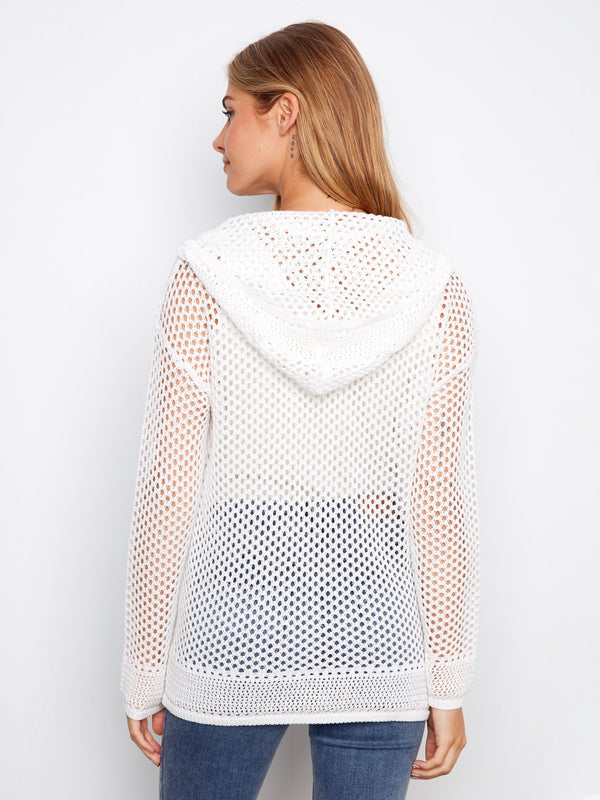 Stay cozy and trendy in this white fishnet texture hoodie sweater with a delightful gold heart accent. By Charlie B.