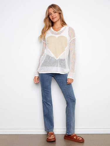 White fishnet hoodie sweater offering comfort and style, highlighted by an exquisite gold lurex heart design. By Charlie B.