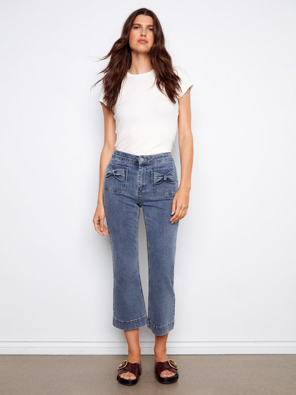 Flare Jeans With Bow Patch Pockets - Medium Blue