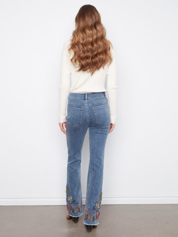 Flare Jeans With Floral Hem Embroidery - Medium Blue