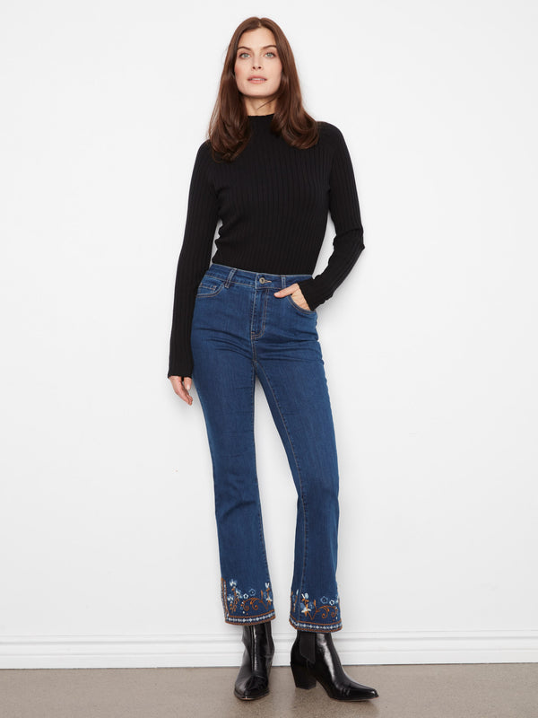 Flare Jeans With Side Slits And Floral Hem Embroidery - Indigo