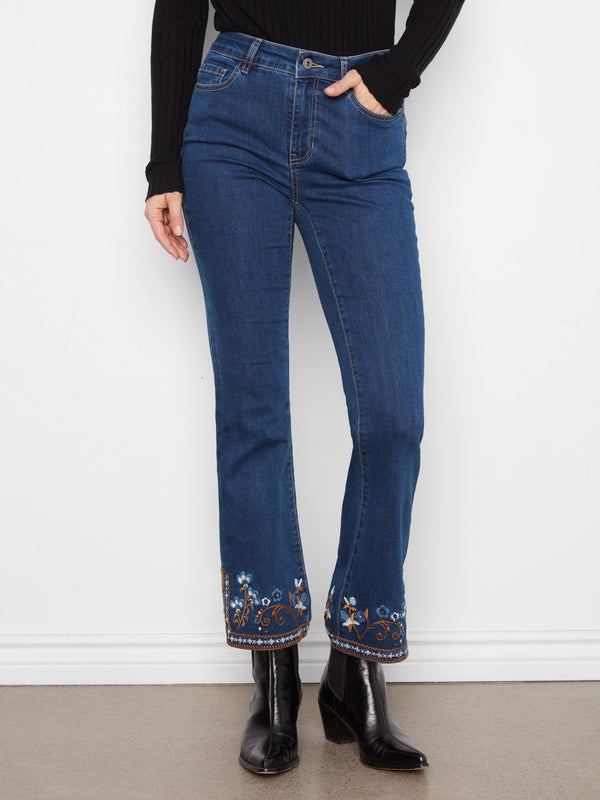 Flare Jeans With Side Slits And Floral Hem Embroidery - Indigo