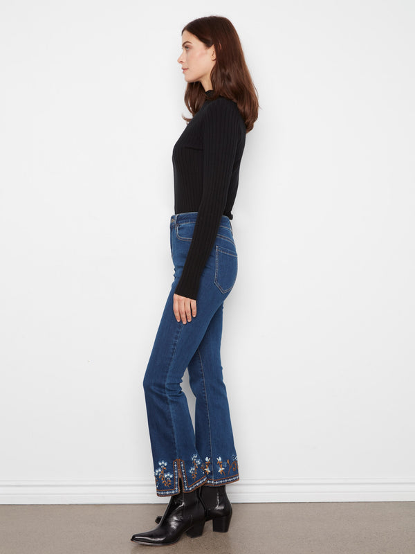 Flare Jeans With Side Slits And Floral Hem Embroidery - Indigo