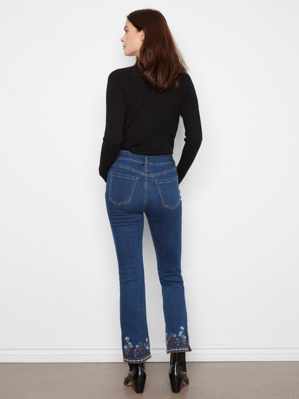Flare Jeans With Side Slits And Floral Hem Embroidery - Indigo