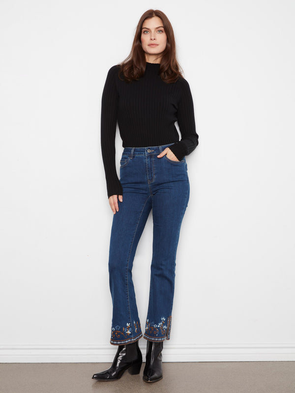 Flare Jeans With Side Slits And Floral Hem Embroidery - Indigo