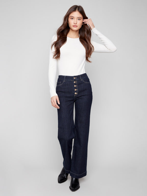 Flare Leg Jeans With Embellished Buttons - Deep Blue