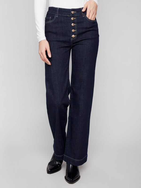 Flare Leg Jeans With Embellished Buttons - Deep Blue