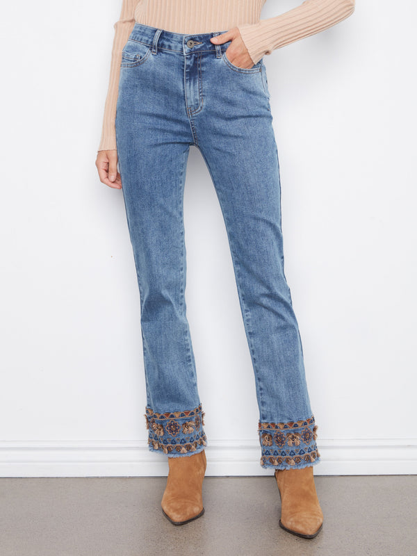 Flare Leg Jeans With Embroidered Fringe Hem - Medium Blue
