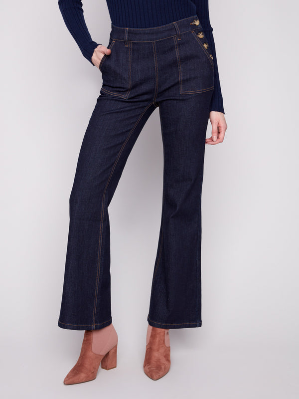 These long-length deep blue jeans come with patch pockets and a sophisticated design by Charlie B.