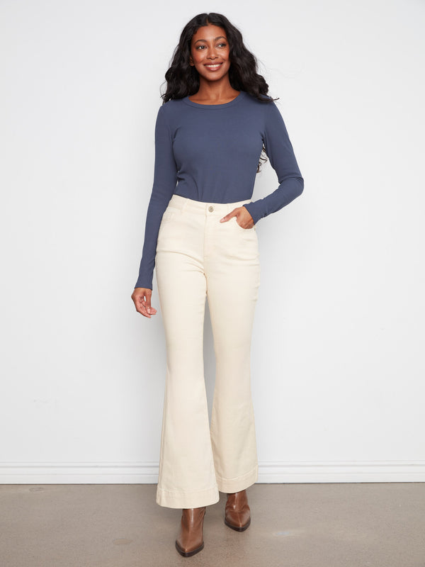 Flare Leg Stretch Twill Pants - Natural