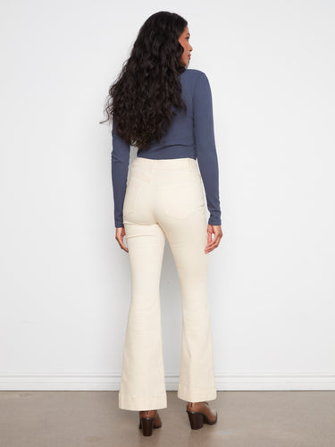 Stylish long-length flare leg pants crafted from comfortable stretch twill fabric by Charlie B.