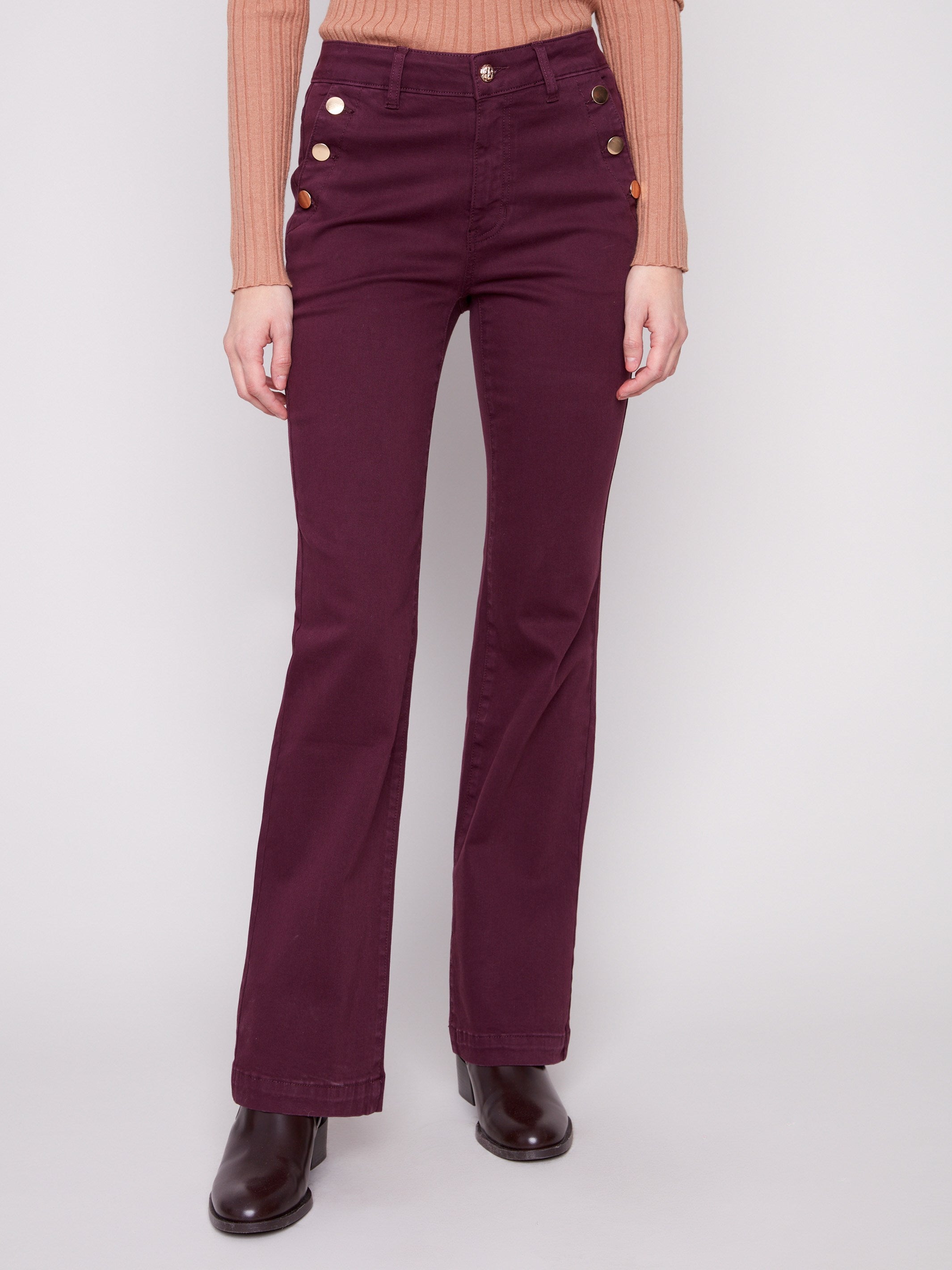 Stylish berry pants feature side pockets and a regular rise, designed in soft stretch twill fabric by Charlie B.