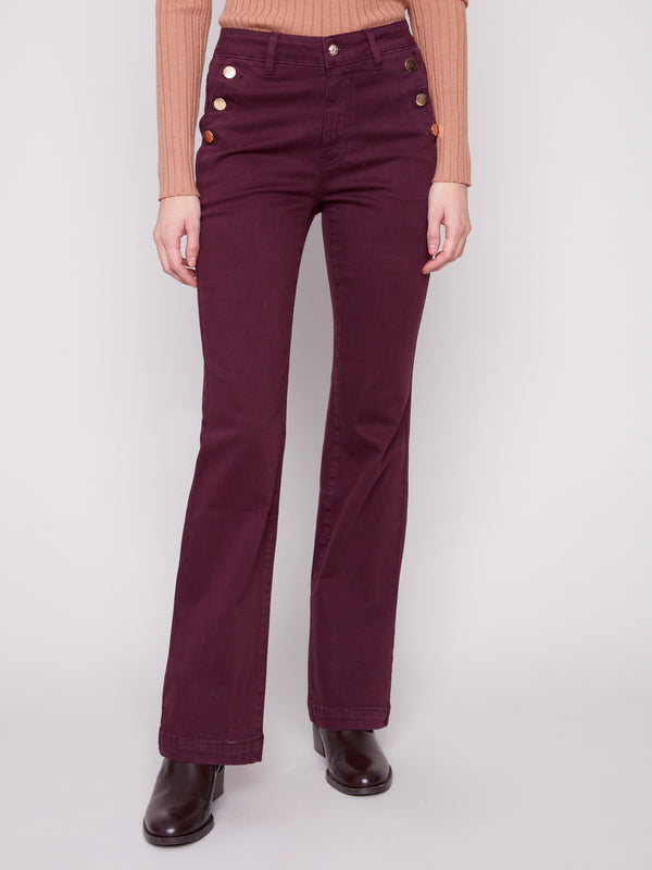 Stylish berry pants feature side pockets and a regular rise, designed in soft stretch twill fabric by Charlie B.