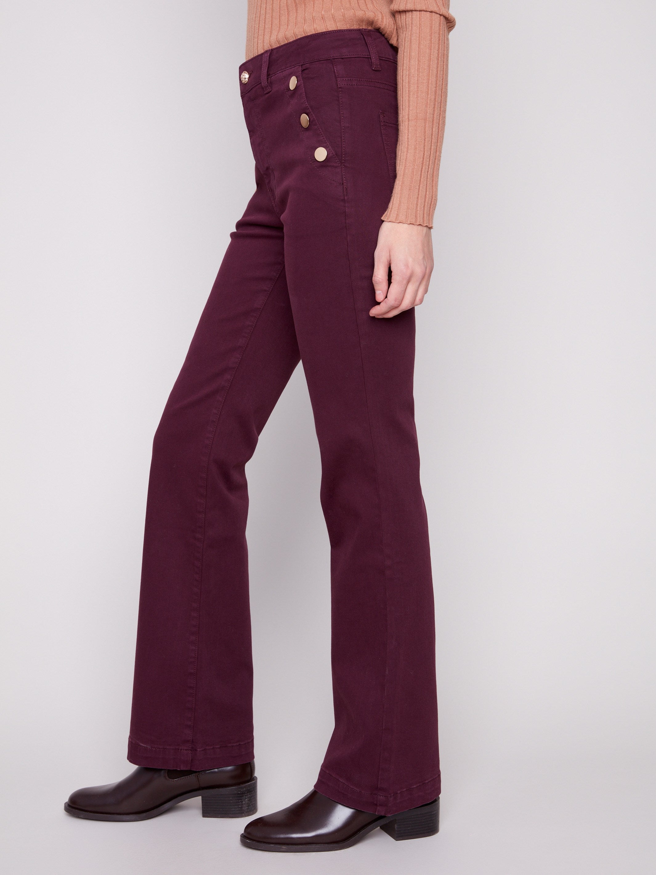 Chic berry flare leg pants crafted from premium stretch twill fabric, offering a flattering fit by Charlie B.
