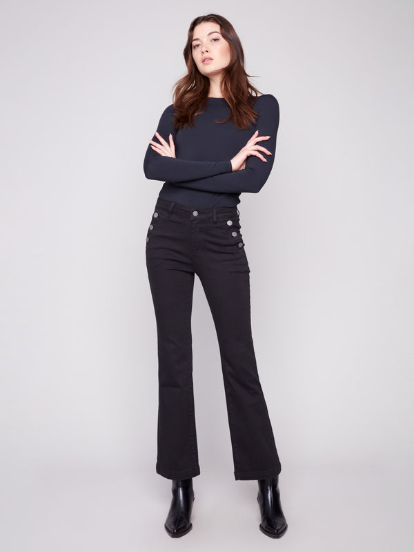 Flare Leg Stretch Twill Pants With Buttons - Black
