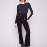 Black ponte pull-on pants featuring a stylish flare design and decorative buttons, perfect for any occasion by Charlie B.