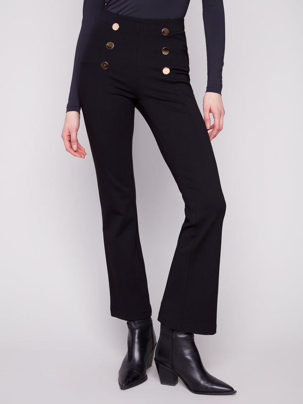 Elegant black pants with an elastic waistband and decorative buttons, crafted from stretch ponte fabric for comfort by Charlie B.