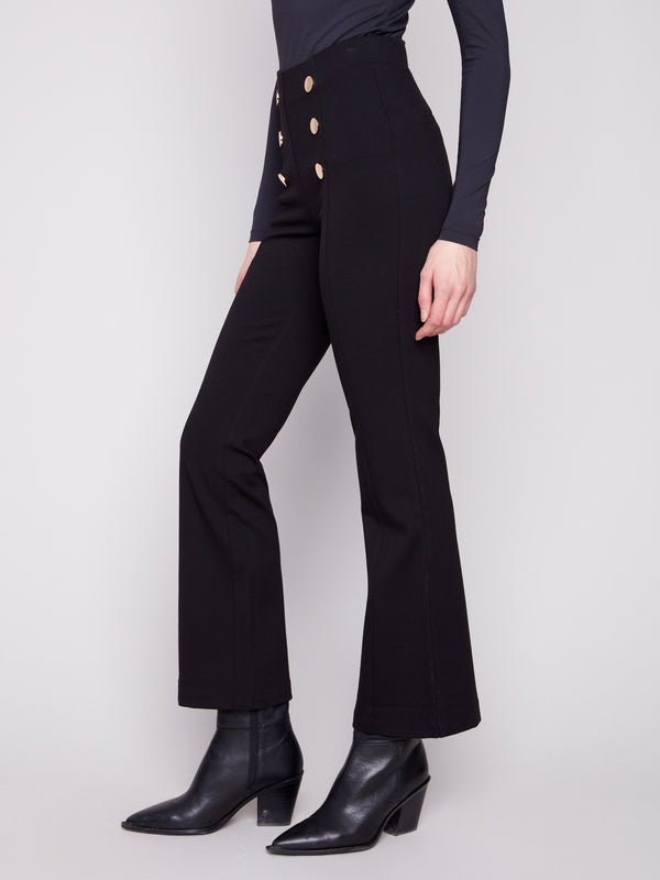 Sophisticated black pants with faux back welt pockets and chic decorative buttons, ideal for versatile styling by Charlie B.
