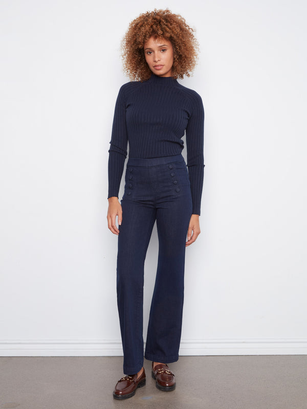 Flare Pull-On Jeans With Decorative Buttons - Blue Black