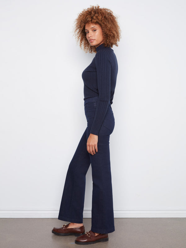 Flare Pull-On Jeans With Decorative Buttons - Blue Black