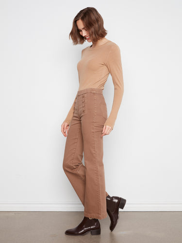 Flare leg design adds a trendy touch to these versatile brown jeans by Charlie B.