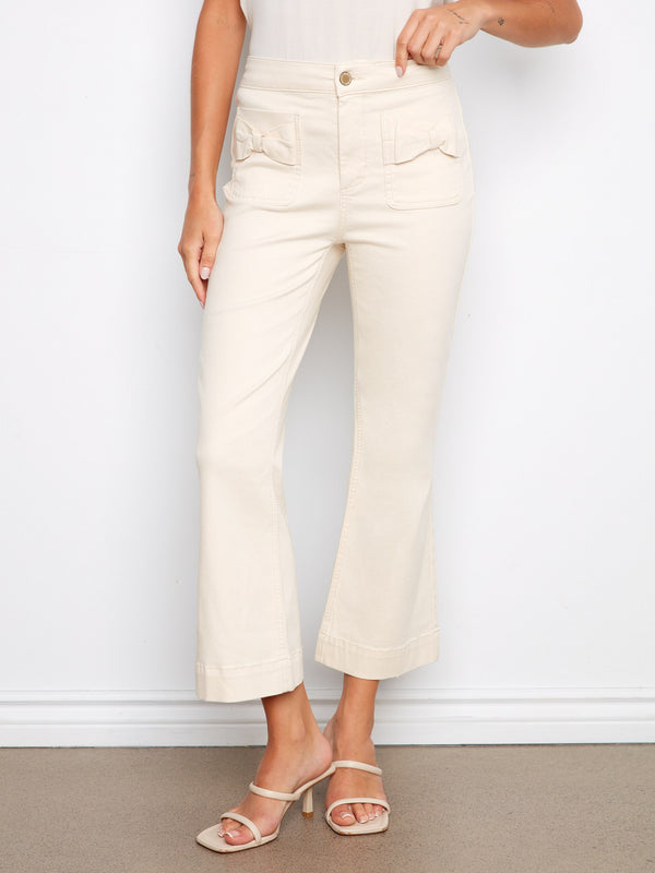Cropped flare pants in natural hue featuring stretch twill for comfortable wear all day by Charlie B.