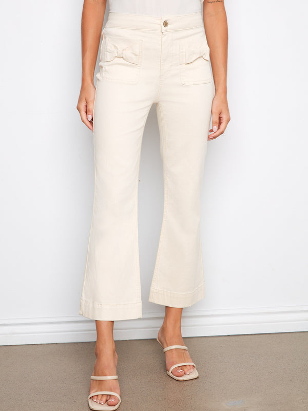 Flare Twill Pants With Bow Patch Pockets - Natural