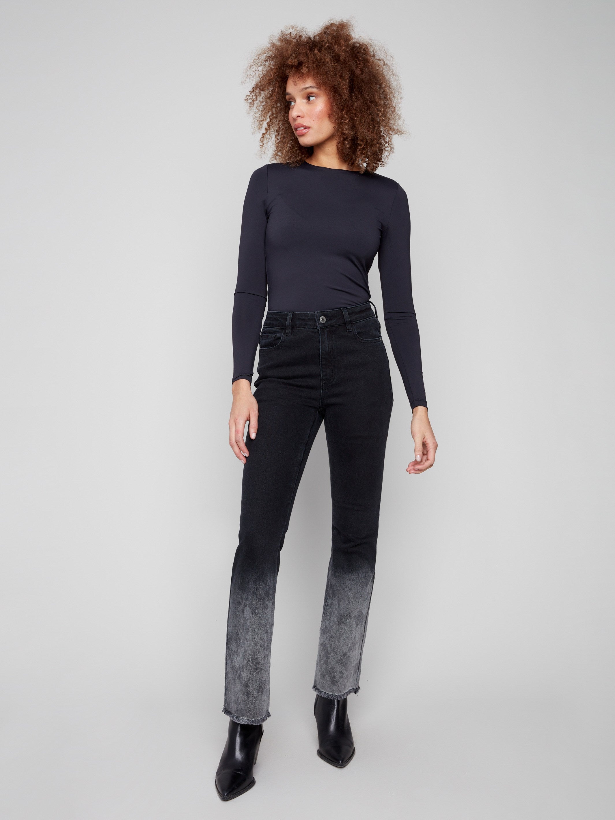 Regular rise charcoal jeans with floral washed hem detail, designed for everyday style by Charlie B.