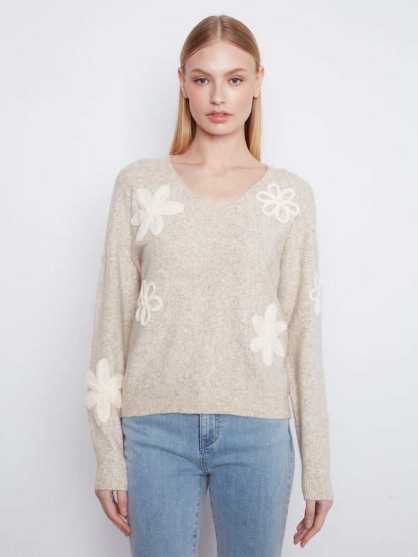 Floral Appliqué V-Neck Sweater - Heather Almond