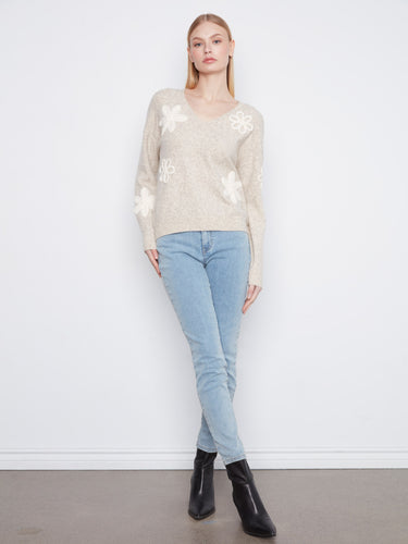 Heather-almond sweater featuring long sleeves and charming floral details for a stylish look by Charlie B.
