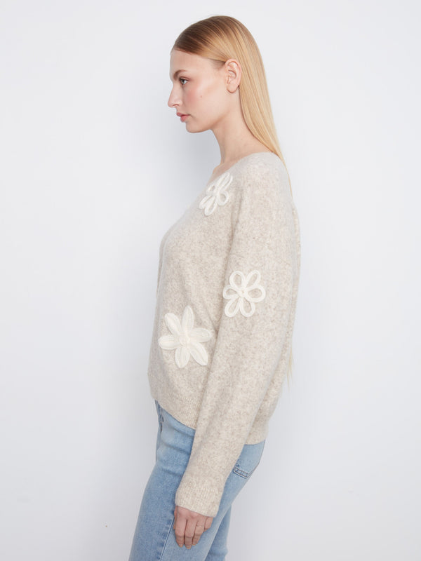 Floral Appliqué V-Neck Sweater - Heather Almond
