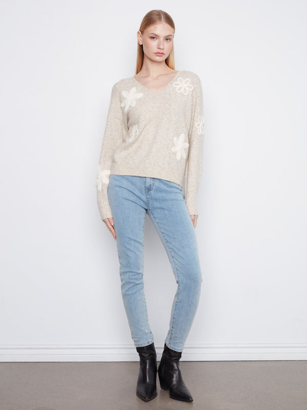 Floral Appliqué V-Neck Sweater - Heather Almond